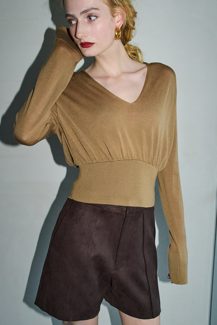 V-neck Waisted Gathered Knit
