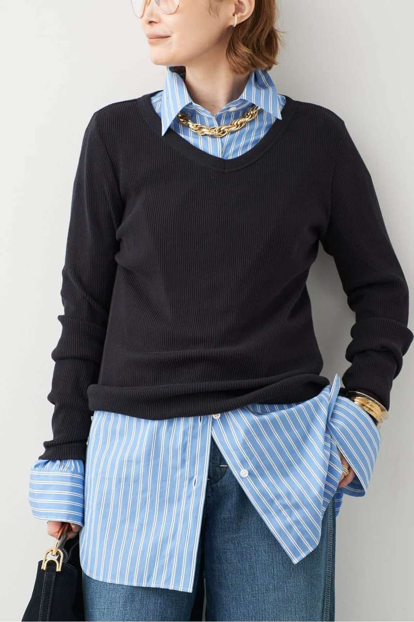 Deuxieme Classe Co/Ca Rib Vネック Tシャツ (ネイビー, F) ドゥーズィエムクラス ELLE SHOP