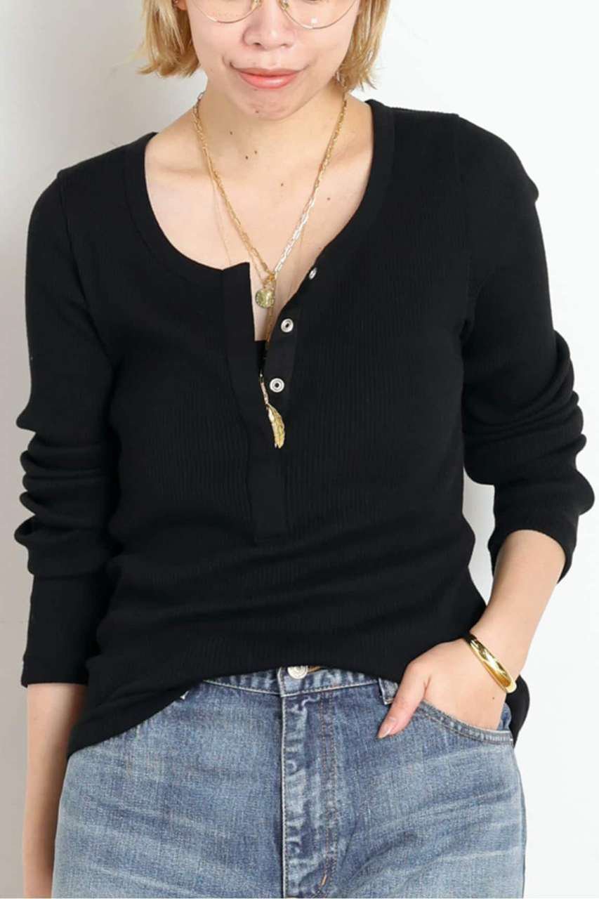 AP STUDIO リブヘンリーTシャツ (ブラック, F) エーピーストゥディオ ELLE SHOP